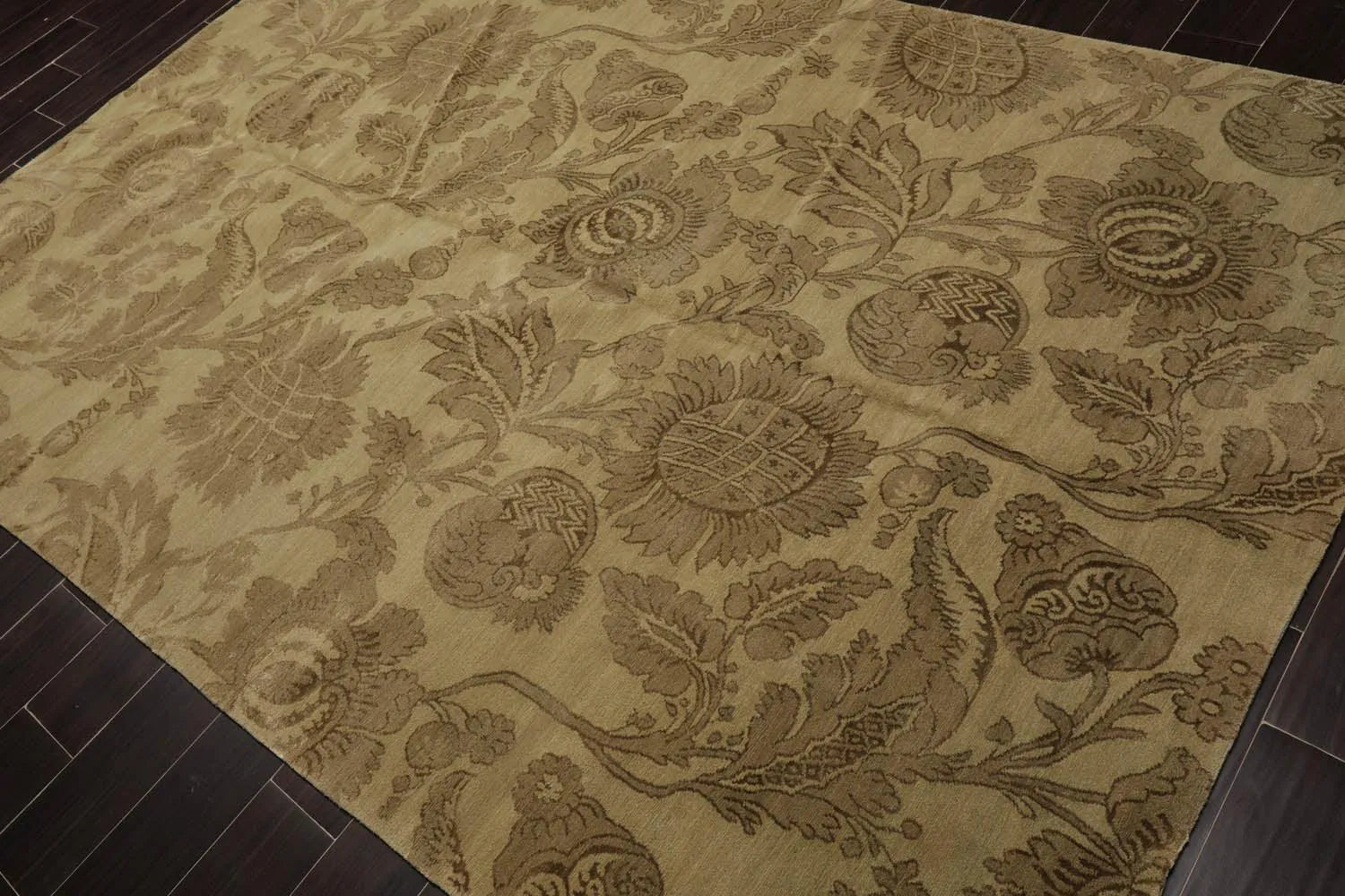 6x9 Olive Green Lapchi Hand Knotted Botanical Wool & Silk Tibetan Transitional Area Rug