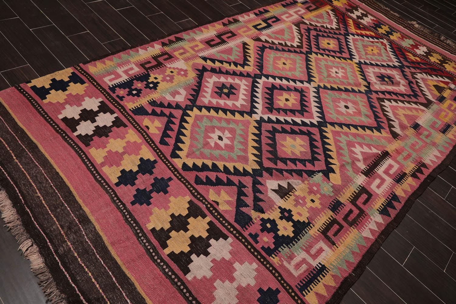 6'2"x12' Rose Vintage Hand Woven 100% Wool Southwestern Turkish Kilim Oriental Area Rug